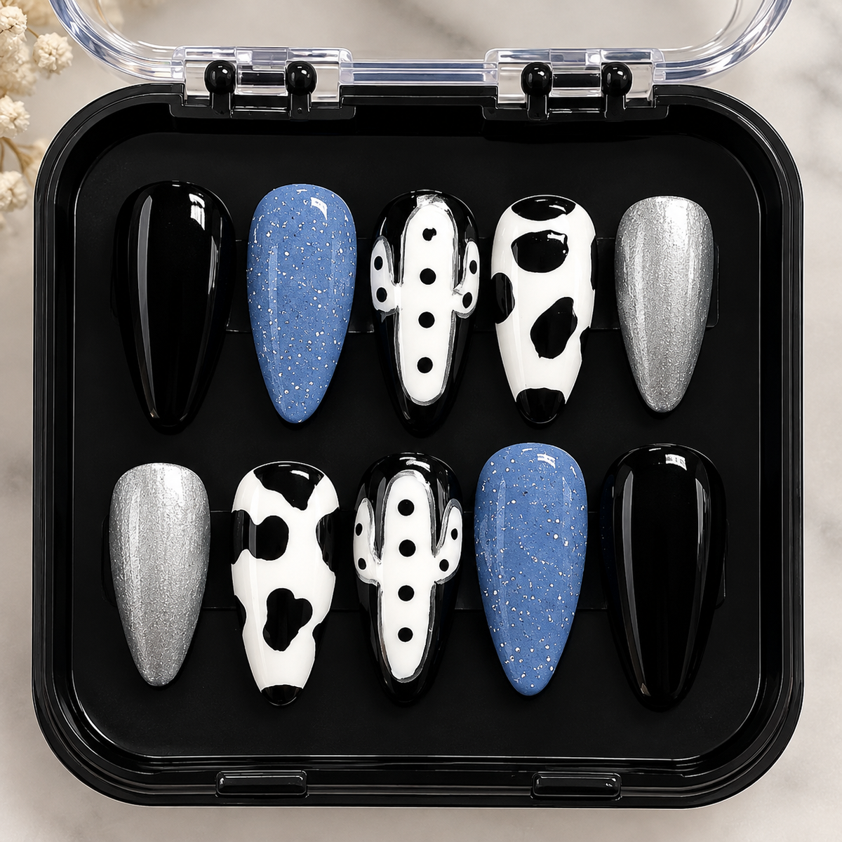 Blue Moo – Western Cow Print Press-On Nails