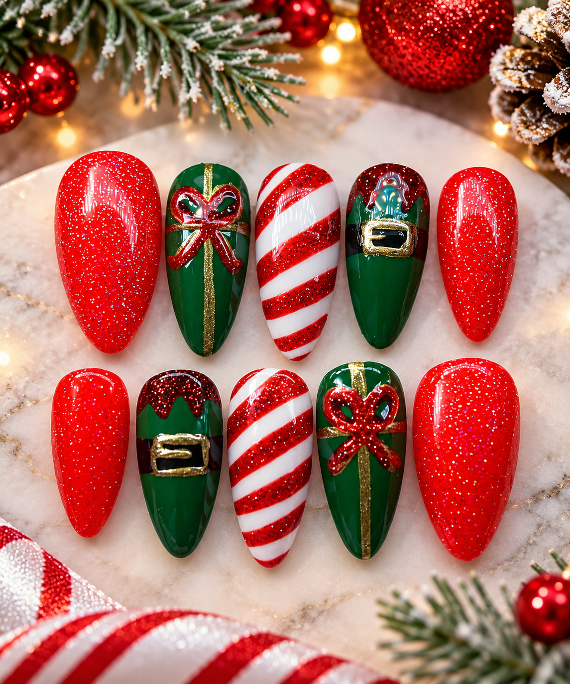 Santa’s Little Helper – Hand-Painted Christmas Press-On Nails