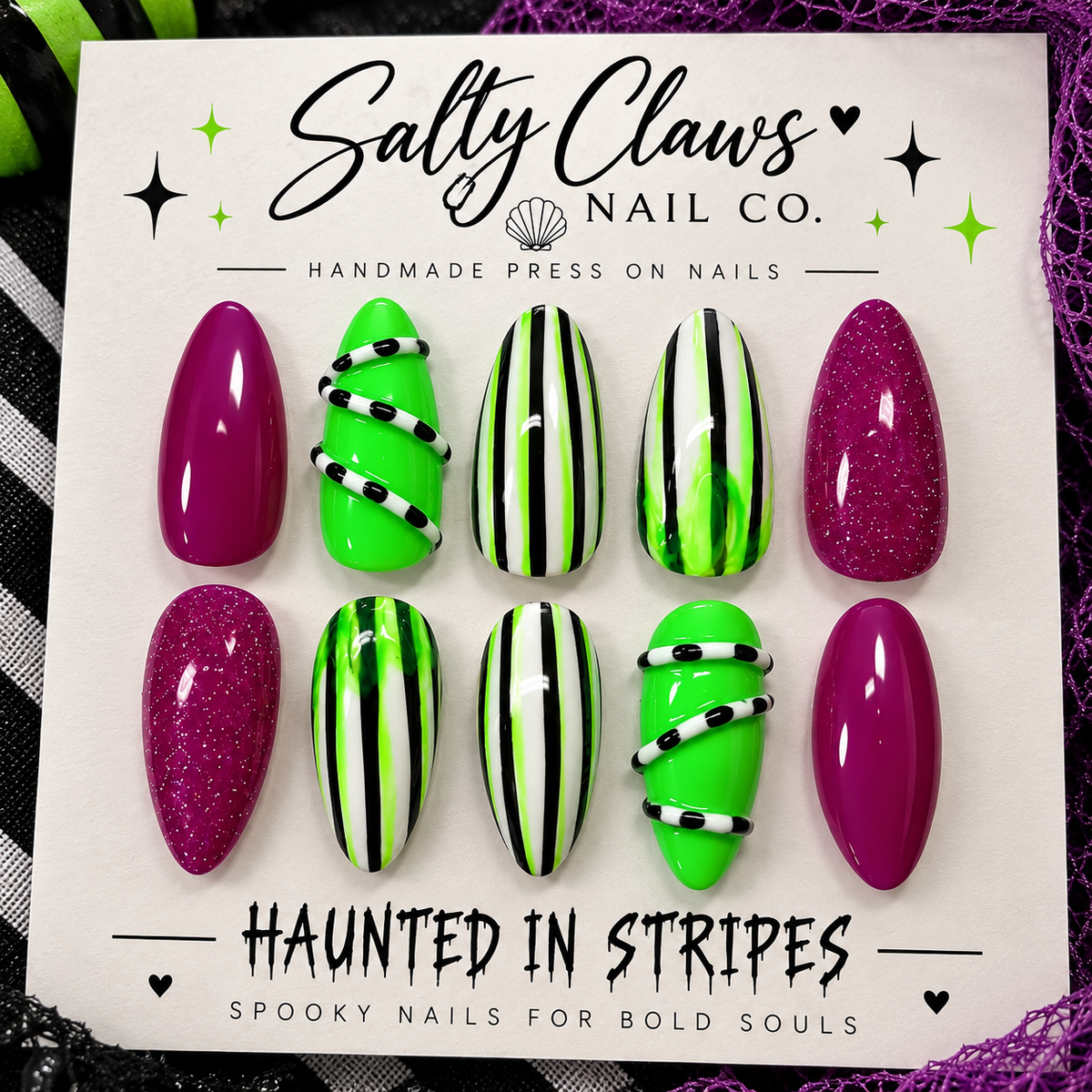 Haunted in Stripes – Handmade Halloween Press-On Nails